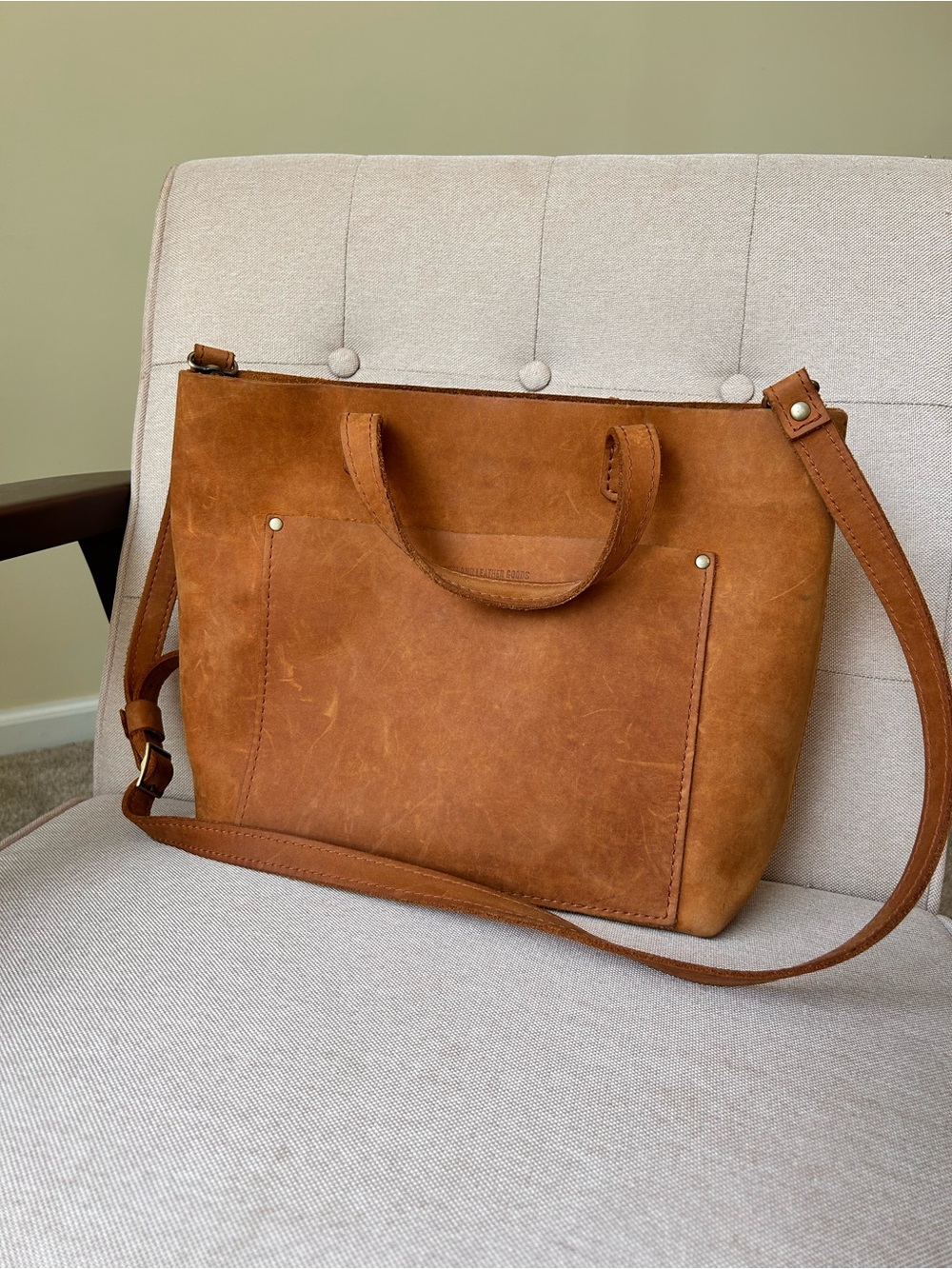 Portland Leather Cognac Shoulder Tote with Front Pocket